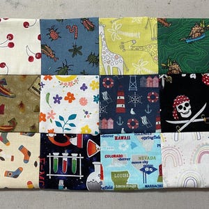 May include: A patchwork quilt featuring a variety of patterned fabric squares. Designs include bees, cherries, bugs, giraffes, musical notes, flowers, nautical themes, a pirate skull, fire trucks, numbers, socks, test tubes, maps, rainbows, and basketballs.