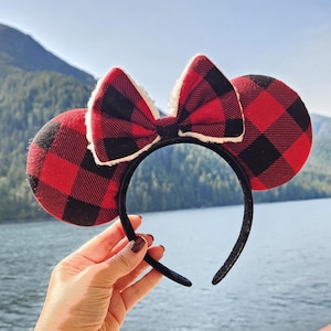 Disney Patriotic Minnie Ears Headband with Red Plaid Bow Disney Parks Red Bow Stars USA Flag Sequins Mickey Minnie  main image 3