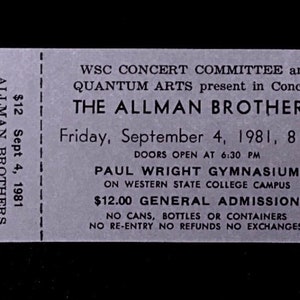 1981 - Allman Brothers - Original - Colorado Concert Ticket - Untorn