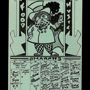 May include: A vintage black and white poster for Ye Olde Soap Creek, featuring a cartoon man in a hat holding a drink. The poster includes a calendar for March 1983 with band names and event listings. The poster is 11 x 17 inches.