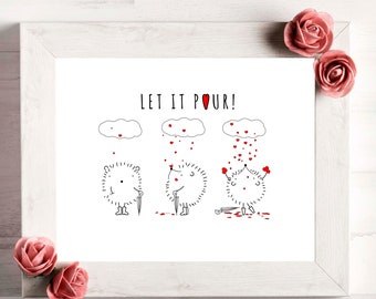 Valentine's Day Hedgehog love hearts rain. Printable - Instant Download -  These adorable hedgehogs are ready to be printed out :)