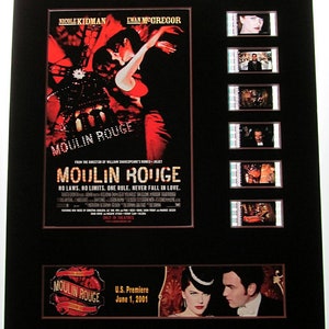 May include: A Moulin Rouge movie poster with a red and black color scheme. The poster features Nicole Kidman and Ewan McGregor dancing. The text on the poster reads "Moulin Rouge" and "No laws. No limits. One rule. Never fall in love."