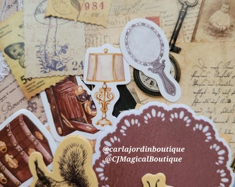 May include: A collection of vintage-style stickers featuring a squirrel, a bee, a lamp, a key, a mirror, a chest, a camera, and a floral design. The stickers are on a background of old paper with writing and a lace pattern. The text on the stickers reads "Pierre", "984", "POSTAL", and "@carlajordinboutique @CJMagicalBoutique".