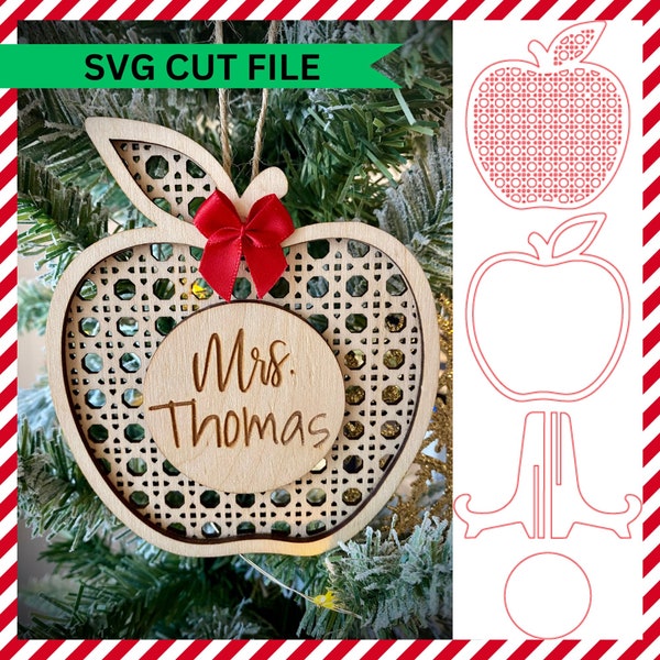 Teacher Ornament SVG Digital Download File • Handmade Christmas Teacher Tags • Personalized Gift For Teacher • Laser Cut Apple SVG