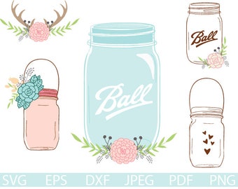 May include: Set of four mason jar illustrations with floral accents. The jars are in various colors and styles, including a blue jar with the word "Ball" on it, a pink jar with a handle, and a clear jar with hearts on it.