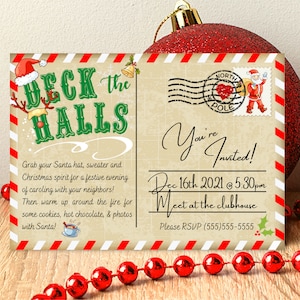 Weihnachtspostkarte druckbar • Feiertags-Postkartenvorlage • Bearbeitbare Weihnachtskarte • Deck The Halls-Postkarte • Bearbeitbare Weihnachtsvorlage
