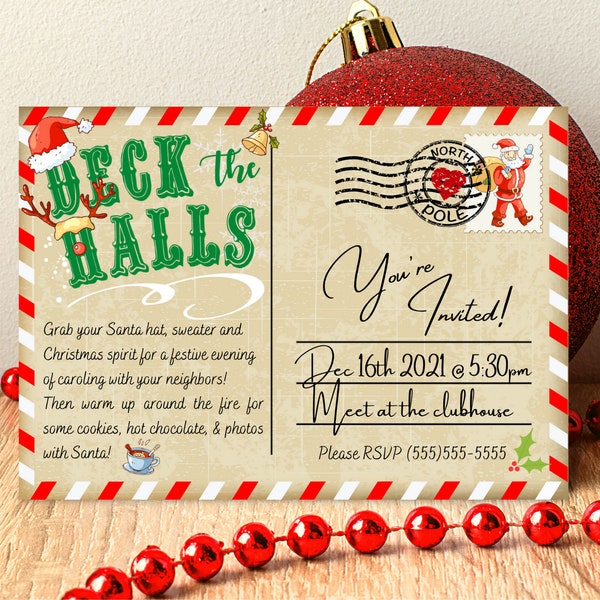 Christmas postcard digital download, Editable Christmas card, Deck the halls printable card, Canva Christmas template, Holiday postcard