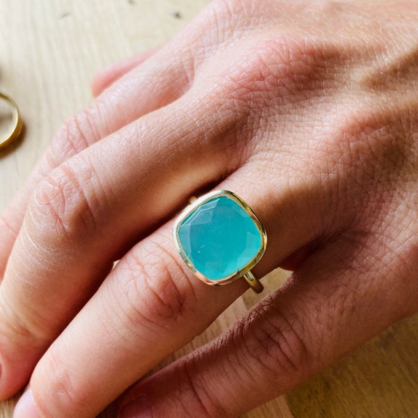 Bague en vermeil  pierre naturelle quatz vert Aqua