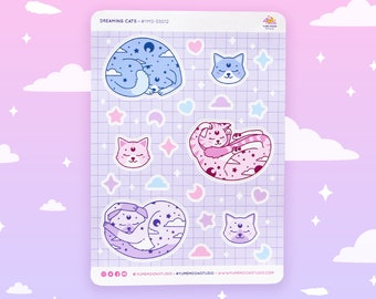 Dreaming Cats Sticker Sheet - 22 Cute Kiss Cut Stickers | Stationery, Scrapbooking, Bullet Journal | YMS-SS012