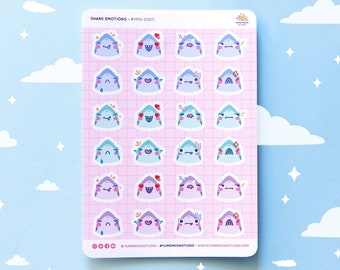 Shark Emotions Sticker Sheet - 24 Cute Pastel Kiss Cut Stickers | Stationery, Scrapbooking, Bullet Journal | YMS-SS011