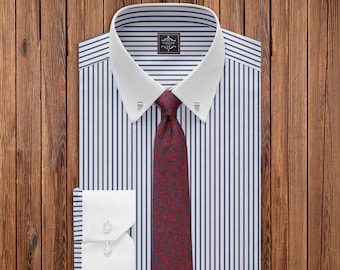Pin Collar Blue Stripe Dress Shirt – White Contrast Collar & Cuffs, Giza Cotton Twill