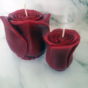 May include: Two red rose-shaped candles with white wicks. The larger candle is in the background and the smaller candle is in the foreground.