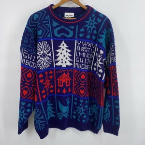 Vtg 80s Novelty Acrylic Teacher Alphabet ABC Letters Sweater Winter Tree L XL