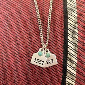 Custom Cow ear tag necklace with initials + turquoise