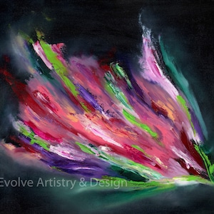 May include: Abstract painting with a dark background and a burst of colorful brushstrokes in shades of pink, purple, green, and white. The brushstrokes are arranged in a fan shape, creating a dynamic and energetic composition. The text "Evolve Artistry & Design" is visible in the lower left corner.