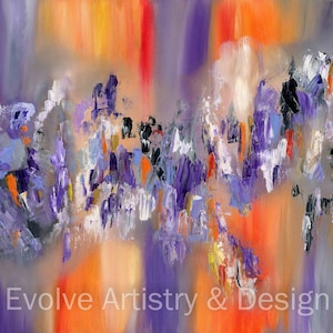 May include: Abstract painting with a mix of purple, orange, and gray colors. The painting has a textured look and is created with thick brushstrokes. The text "Evolve Artistry & Design" is at the bottom of the painting.