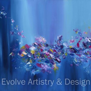 May include: Abstract painting with a blue background and colorful brushstrokes in shades of purple, pink, yellow, and green. The brushstrokes are clustered in the center of the canvas, creating a sense of movement and energy.