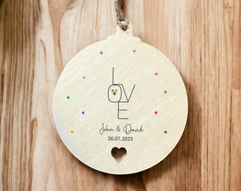 Personalised LOVE LGBTQ Wooden Hanging Bauble Gift Idea For Wedding or Christmas Round Or Heart Shaped Minimalist Rainbow Design