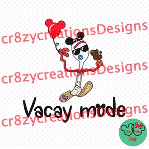 May include: A cartoon illustration of a blue spoon wearing a Mickey Mouse hat and sunglasses, holding a red balloon and a chocolate Mickey Mouse ice cream bar. The spoon is running and the text "Vacay mode" is written below.