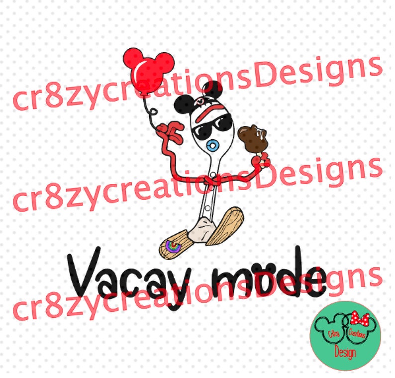 May include: A cartoon illustration of a blue spoon wearing a Mickey Mouse hat and sunglasses, holding a red balloon and a chocolate Mickey Mouse ice cream bar. The spoon is running and the text "Vacay mode" is written below.