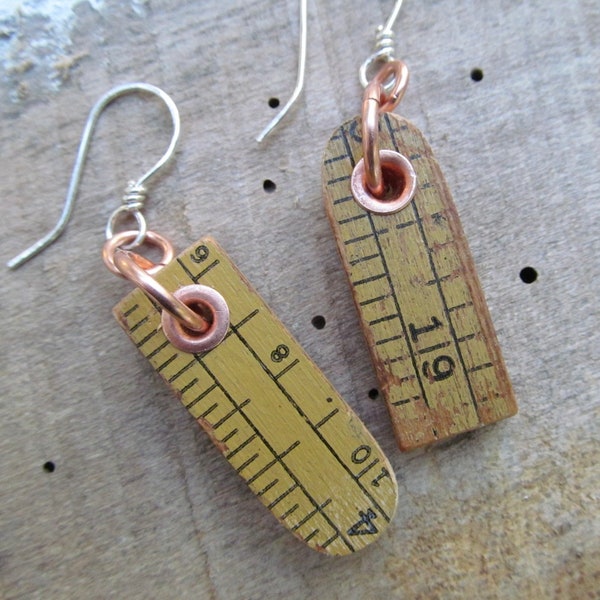 Upcycled Vintage Ruler Earrings Riveted Wooden Dangles Yellow Chippy Paint Upcycled Sterling Ear Wire