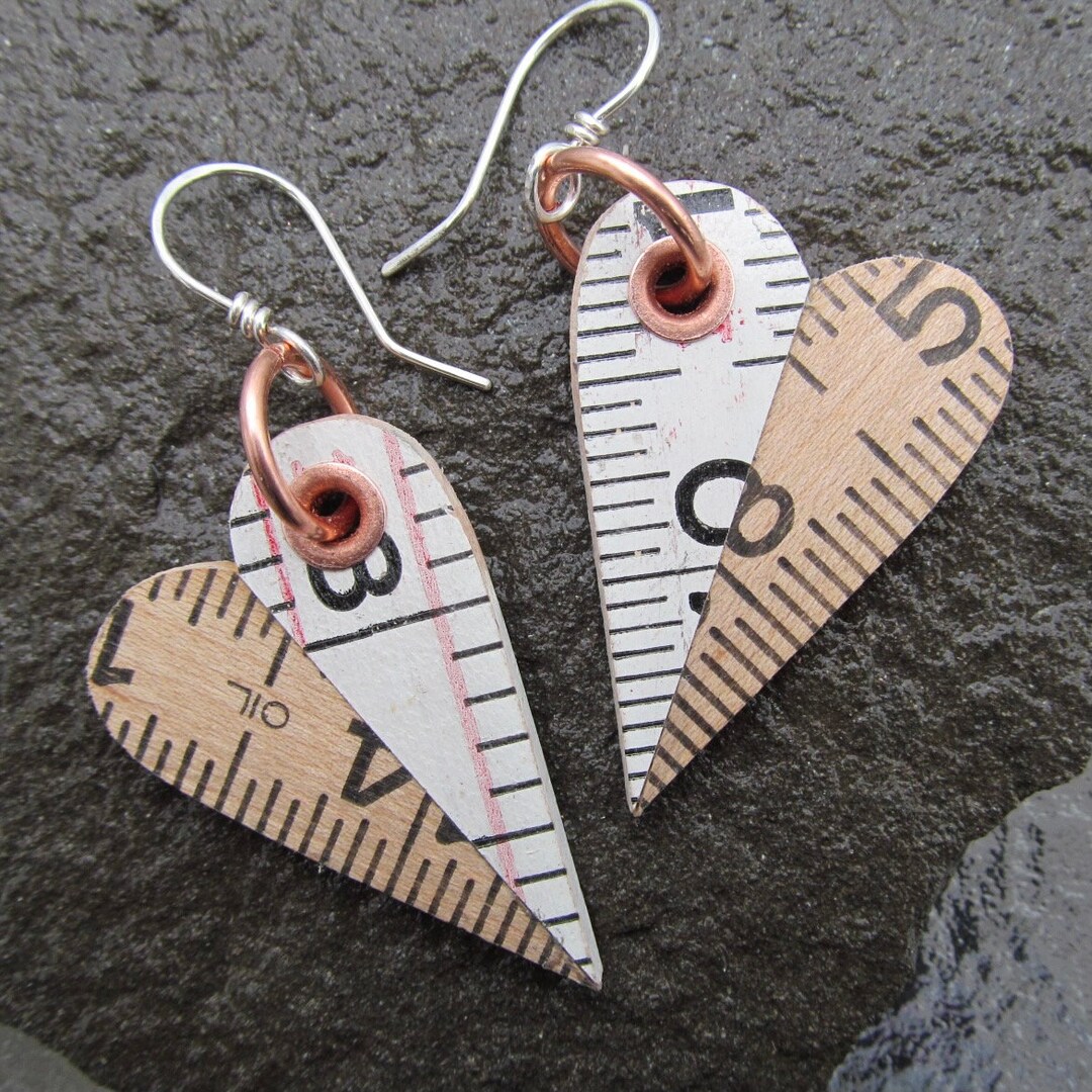 Upcycled Ruler Heart Earrings Riveted Wooden Dangles White Chippy Paint ...