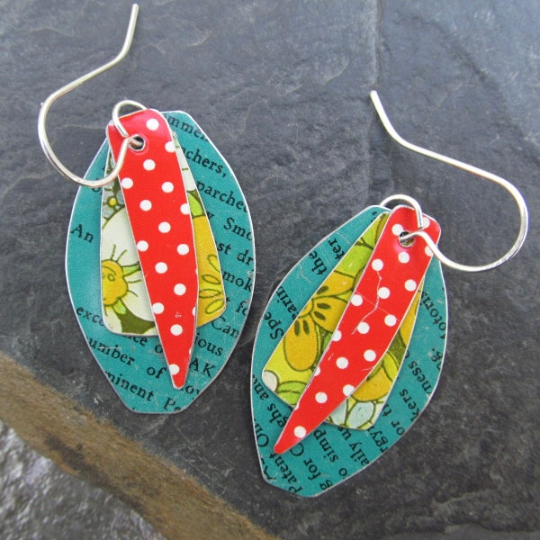 Bright Colorful Earrings Vintage Tin Recycled Upcycled Sustainable Layered Dangle Earrings