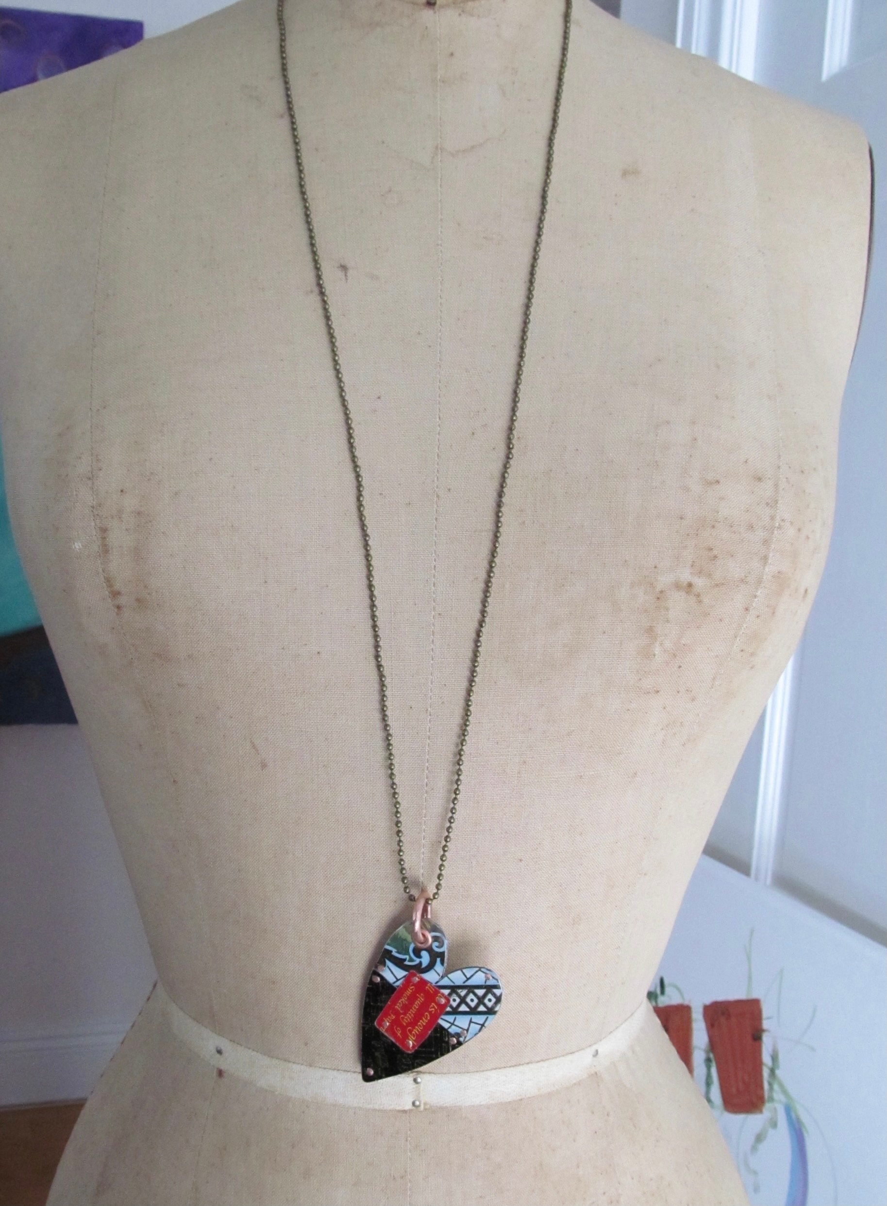 Rustic Recycled Tin Heart Necklace Upcycled Vintage Tin Heart Collage