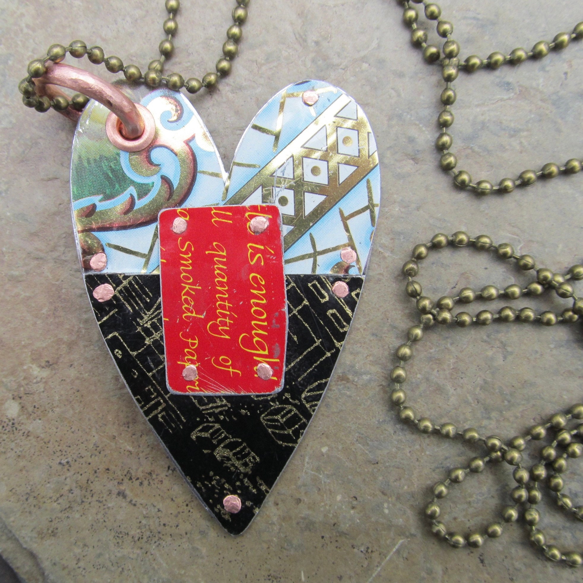 Rustic Recycled Tin Heart Necklace Upcycled Vintage Tin Heart Collage
