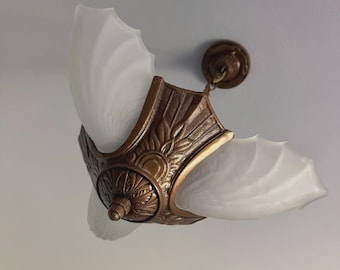 Antique Hanging Slip Shade Ceiling Fixture, 1910's Cast Iron 3 Bulb White Angle Wing Statin Glass, Rewired/Ready to Install, Original Decor