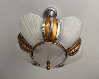930's Seven Bulb Hanging Slip Shade Chandelier Ceiling Fixture, Original Gold and Silver Decor, Tarnish, Restored/Rewired/Ready to Install