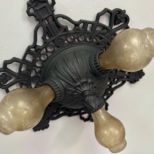 Restored Antique Flush Mount Ceiling Light, 1910&#39;s Cast Iron Three Bulb, Charcoal Black, Rewired and Ready to Install