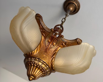 Antique Hanging Slip Shade Ceiling Fixture, 1920's Cast Iron 3 Bulb Vaseline Glass, Rewired/Ready to Install, Original Decor, Patina