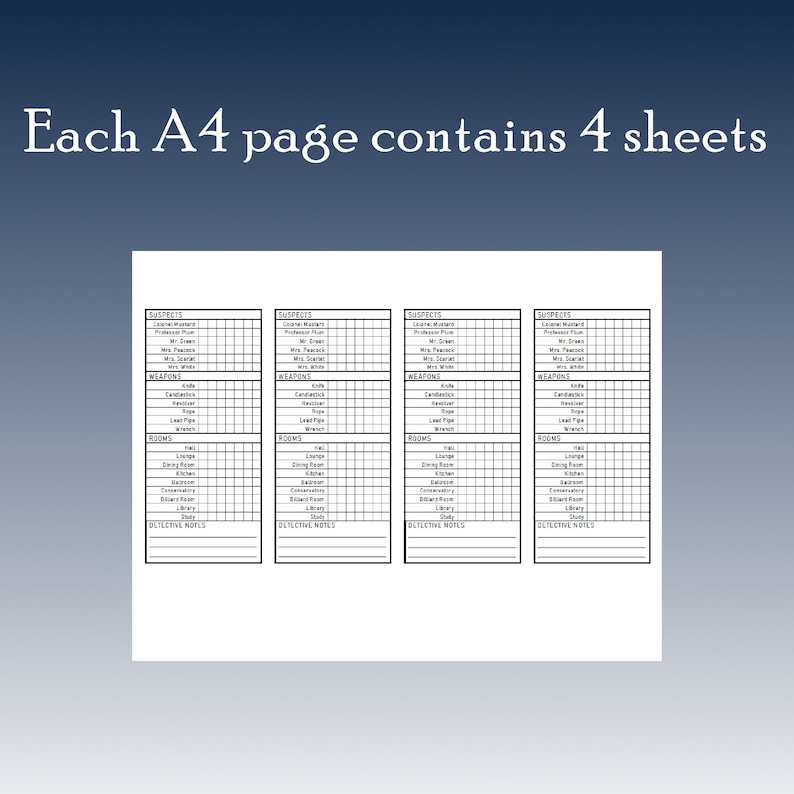 Instant Download Clue Cluedo Board Game Detective Deduction Score Cards