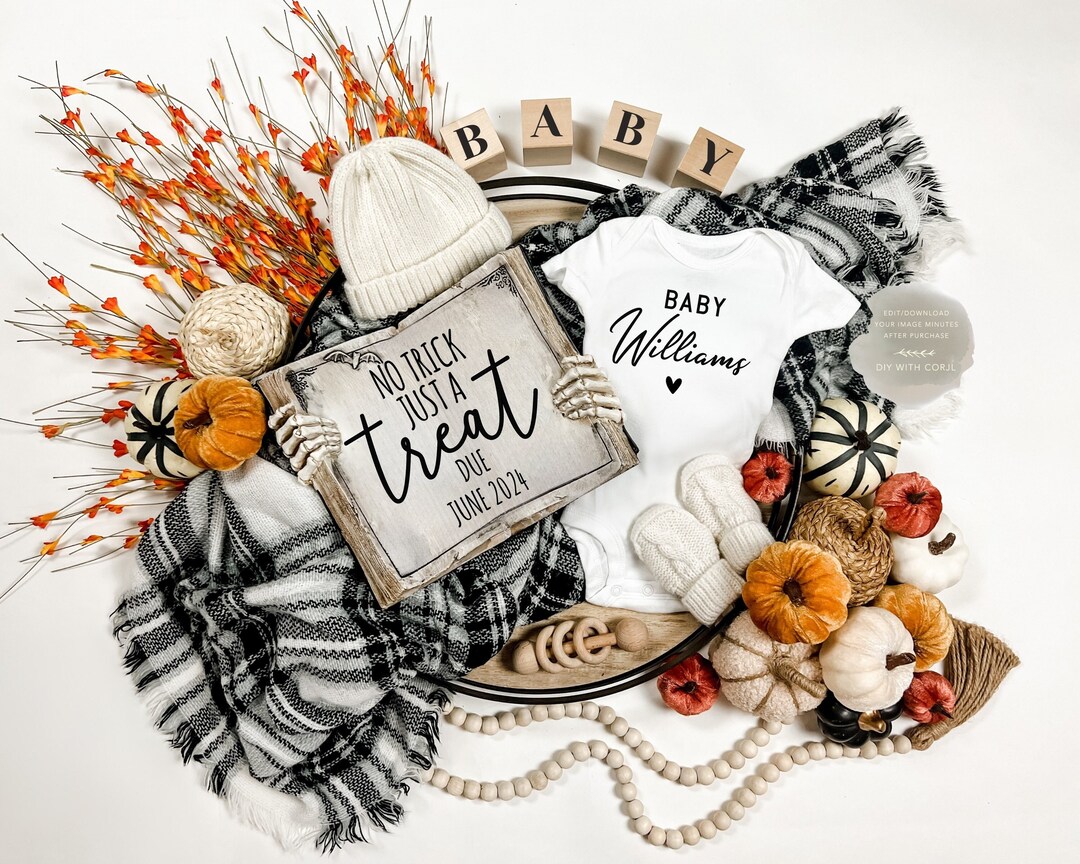 Editable Template / Halloween Pregnancy Announcement / No Trick Just at ...