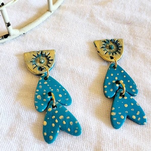 Gold and Turquoise Polka Dot Sun Polymer Clay Earrings