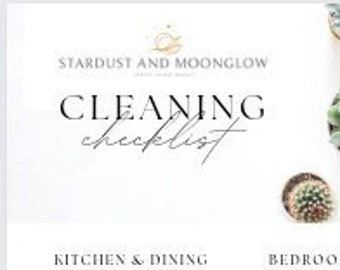 May include: A white cleaning checklist document titled Stardust and Moonglow with green succulent illustrations. It features sections for Kitchen and Dining, Bedroom, Bathroom, and Entryway with bulleted tasks and checkboxes for household chores.