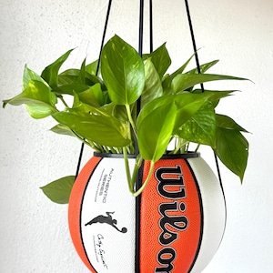 Pode incluir: Um vaso suspenso feito de uma bola de basquete, com painéis laranja, branco e preto. O vaso está cheio de plantas verdes e suspenso por cordas pretas. O logotipo da Wilson e uma silhueta de jogador são visíveis.