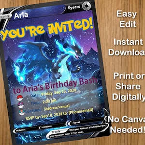 May include: A rectangular birthday invitation card designed like a trading card featuring a dark dragon with blue flames. The text reads: Arla, 5years, YOU'RE INVITED to Aria's Birthday Bash, Date: Friday, Sep 23, 202#, Time: 2:00 pm, Location: [Address/venue], RSVP by: Sep10, 202# to: [Phone/email].