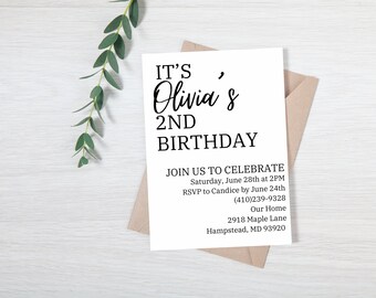 Birthday Invitation Download, 2nd Birthday Invite, 40th Birthday Invite, Minimal Birthday Invitation