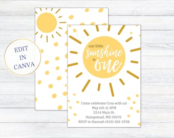 Sunshine Birthday Invitation, Sunshine Invitation, Kids Birthday Invitation, 1st Birthday Invite
