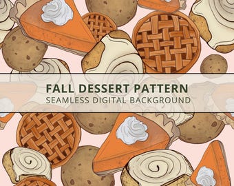 Fall Dessert Seamless Digital Pattern – Pumpkin Pie, Cinnamon Roll & Cookie Background for Scrapbooking
