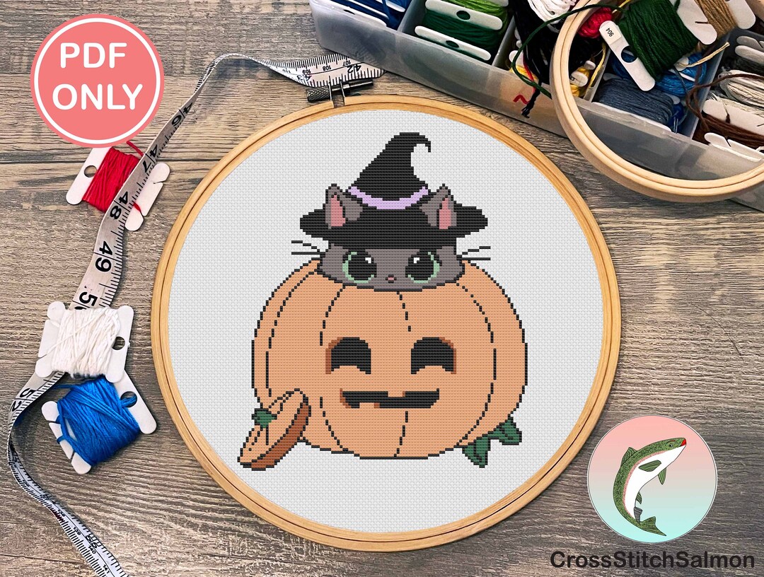 Cat in a Pumpkin Halloween Cross Stitch Pattern | EASY BEGINNER - Etsy