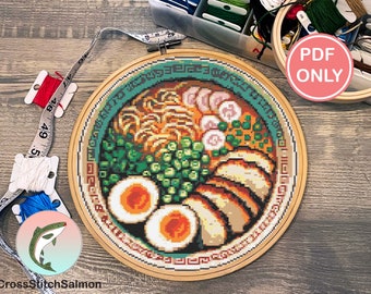 Ramen Japanese Cross Stitch Pattern | Studio Ghibli Style | Food | 21 DMC COLORS