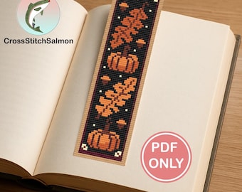 Fall Pumpkin Cross Stitch Bookmark Pattern | Autumn Leaves & Acorn Needlepoint Design | DIY Counted Cross Stitch Gift for Readers
