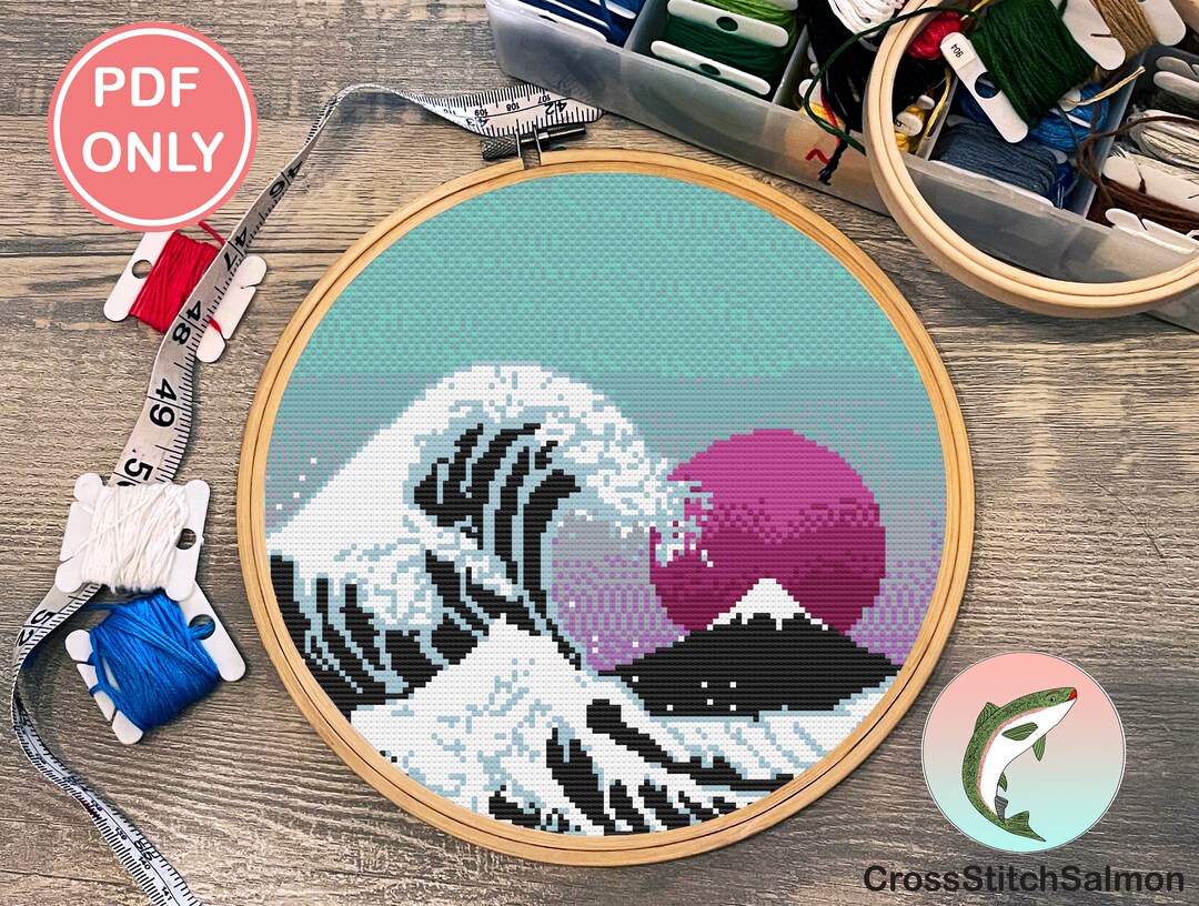 Vaporwave Aesthetic Cross Stitch Pattern | Great Wave of Kanagawa - Etsy