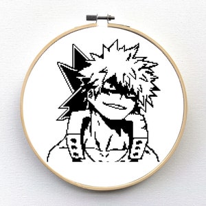 Bakugo Cross Stitch Pattern - Anime Japanese MHA - Black & White - MEDIUM