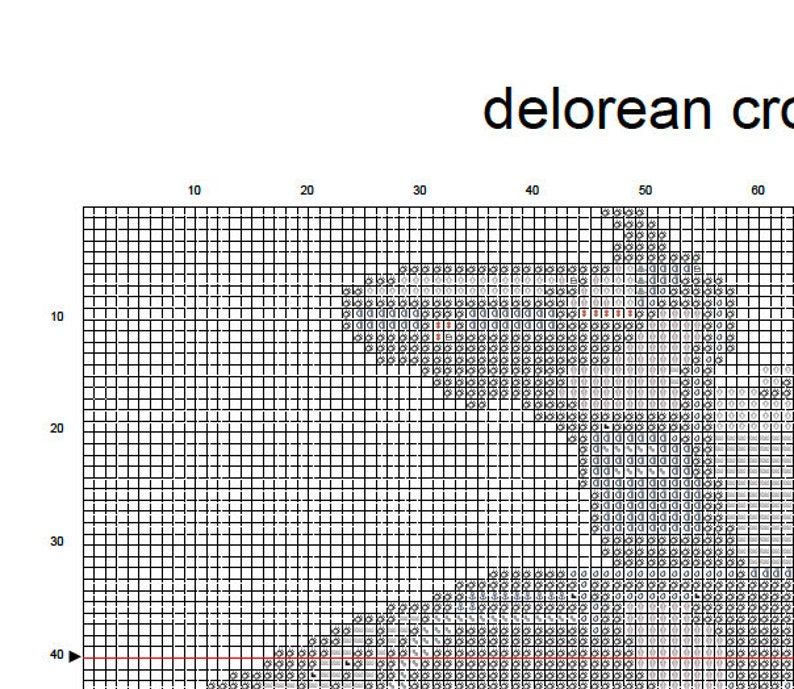 May include: A black and white pixel art cross stitch pattern of a DeLorean time machine. The pattern is on a grid with numbers and lines to help with stitching.