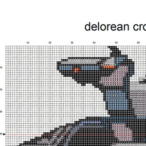 May include: Cross stitch pattern of a DeLorean time machine, a popular vehicle from the Back to the Future movie franchise. The pattern is in black, white, gray, and blue.