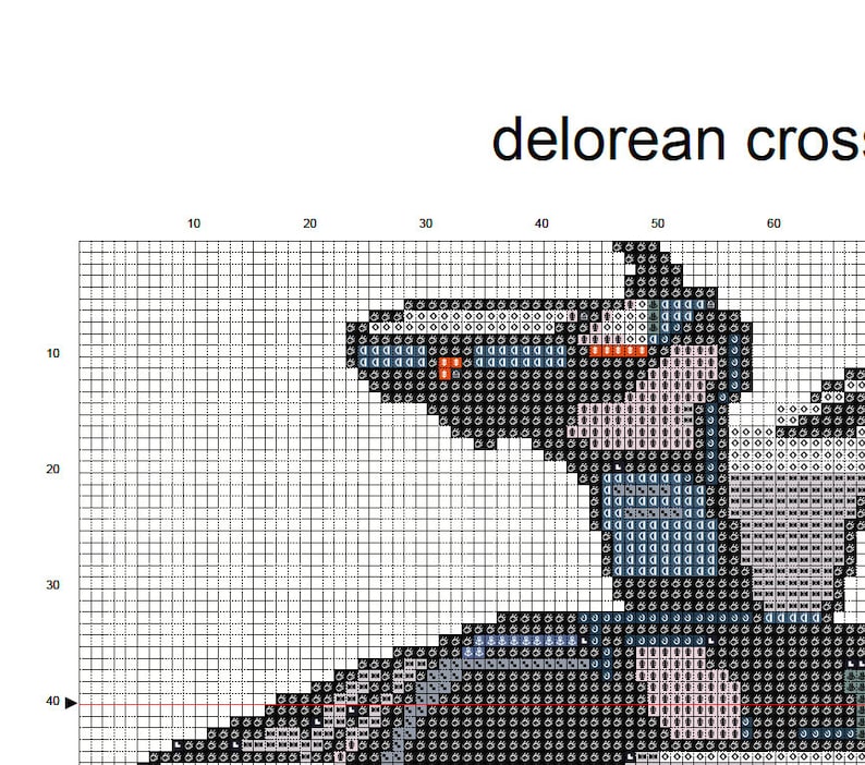 May include: Cross stitch pattern of a DeLorean time machine, a popular vehicle from the Back to the Future movie franchise. The pattern is in black, white, gray, and blue.